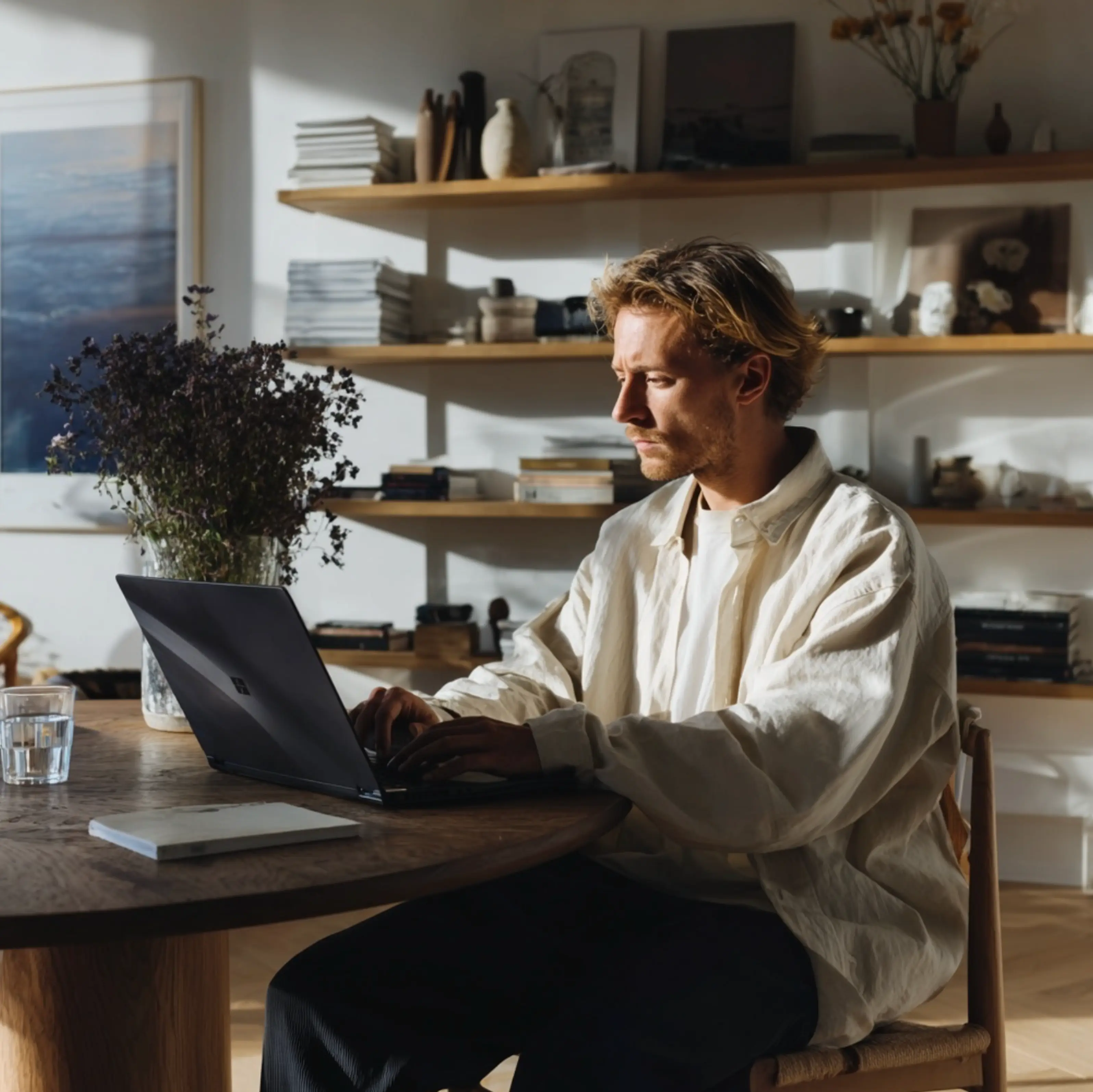 Mitarbeiter arbeitet konzentriert am Laptop am Tisch
